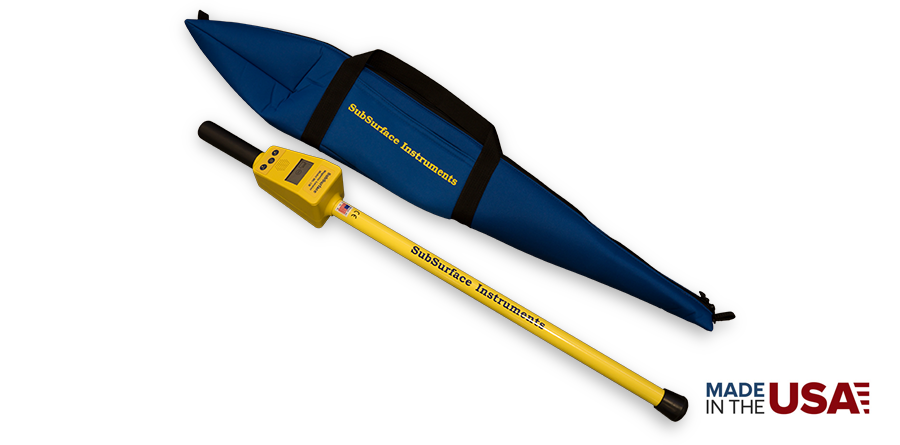 SubSurface Instruments, ML-1M (Magnetic Locator) Product - Blue Soft Unit Carrying Case next to Product, Made in the USA