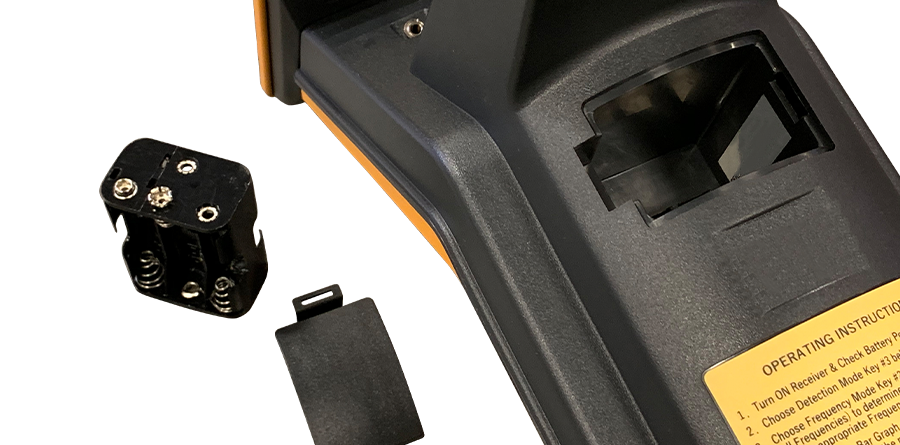 PL-G Pipe and Cable Locator Receiver Closeup of Battery Compartment, Made in the USA - SubSurface Instruments Product